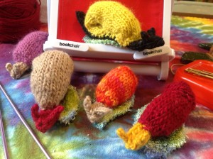 Knitted Snails for Fish and Game volunteers who will count snail and slugs.